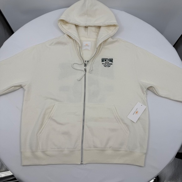 NWT Lazy Sunday New York Full Zip Up Hoodie Sweatshirt Womens Large Ivory - Picture 1 of 10
